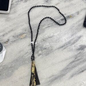 Black Beaded Necklace with Gold and Black Tassel